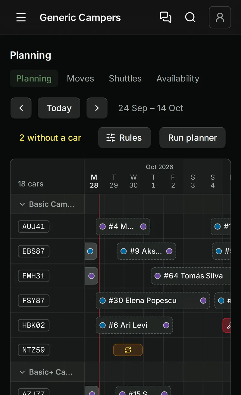 The planning board: three weeks of camper bookings per car, with workshop jobs and bookings that have no car yet.