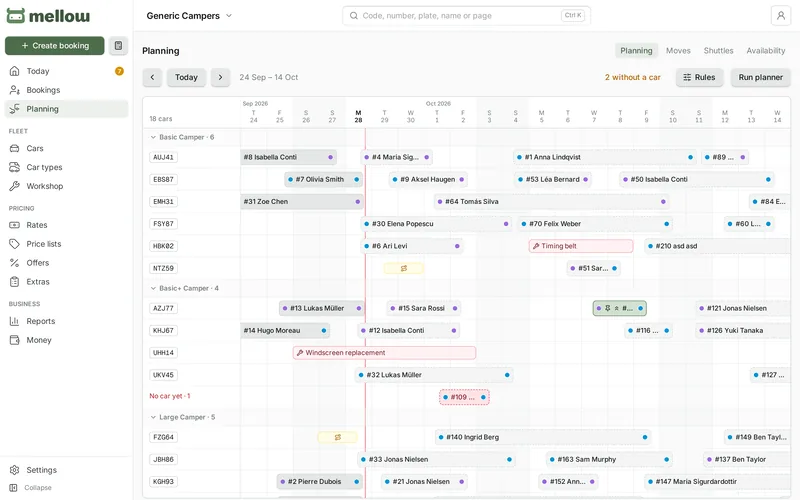 The planning board: three weeks of camper bookings per car, with workshop jobs and bookings that have no car yet.