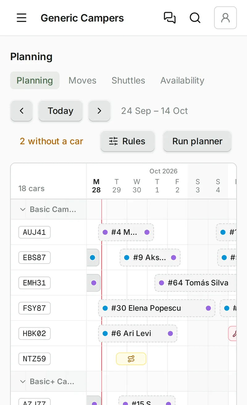 The planning board: three weeks of camper bookings per car, with workshop jobs and bookings that have no car yet.